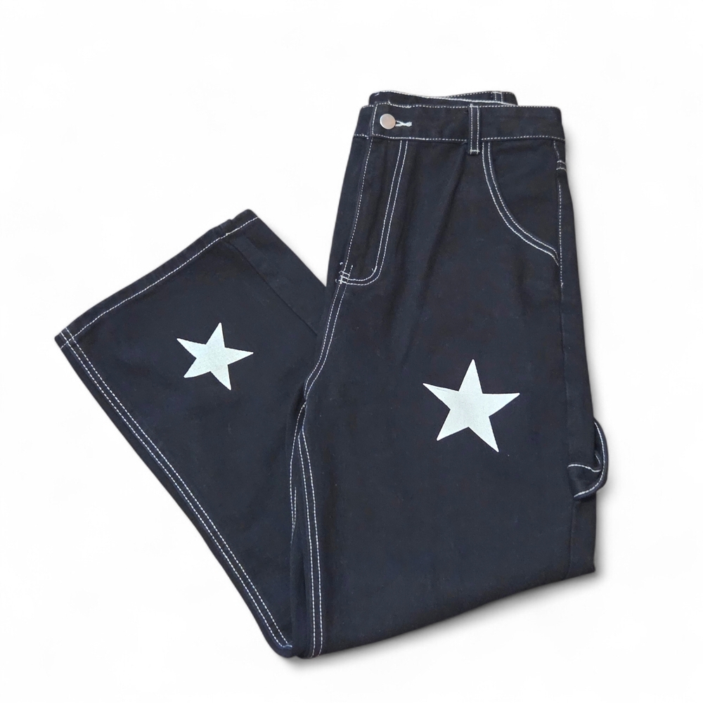 High Rise Wide Leg Ankle Length Star-Embellished Black Jeans Size L NWOT